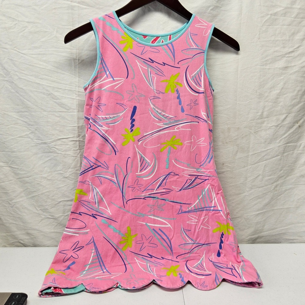 Three Friends Reversible Dress Kids Size 14 Teal Pink Flamingo Palm Tree Scallop